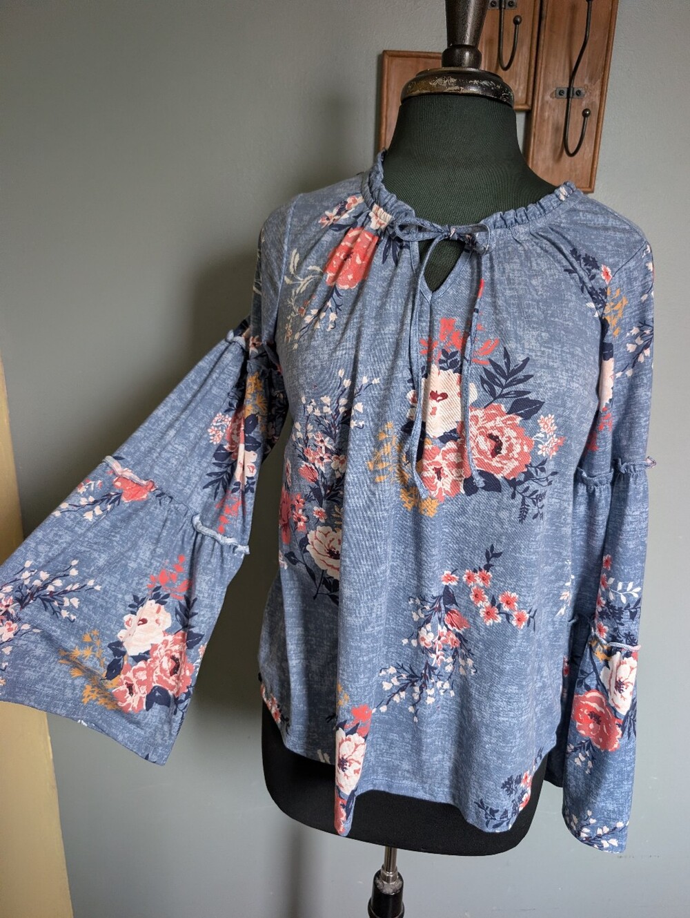 Keren Hart Floral Tie-Neck Bell Sleeve Top - Blue Flower Blouse